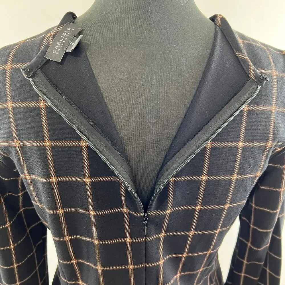 Carlisle Collection Black Brown Window Pane Check Long Sleeve Fitted Blouse Sz 2
